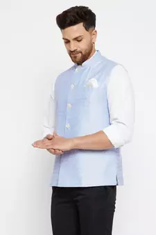 Light Blue Silk Blend Nehru Jackets