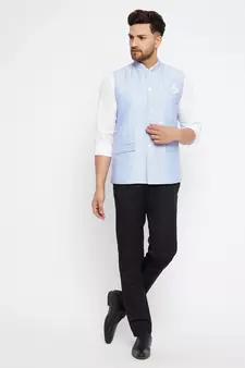 Light Blue Silk Blend Nehru Jackets