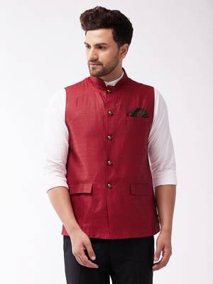 Men'S Maroon Silk Blend Nehru Jackets 1