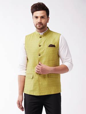 Men'S Yellow Silk Blend Nehru Jackets 1