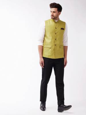 Men'S Yellow Silk Blend Nehru Jackets 5