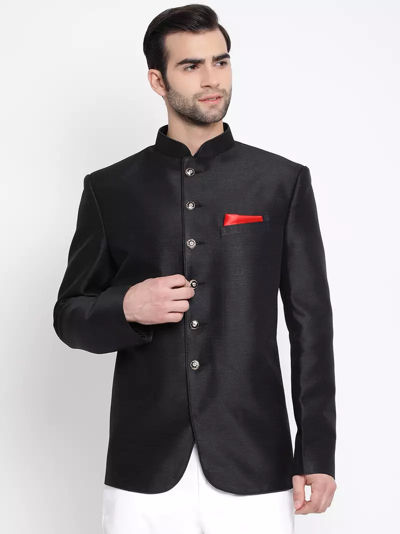 Black plain silk blend jodhpuri-sherwani