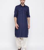 Blue plain blended cotton pathani-suits
