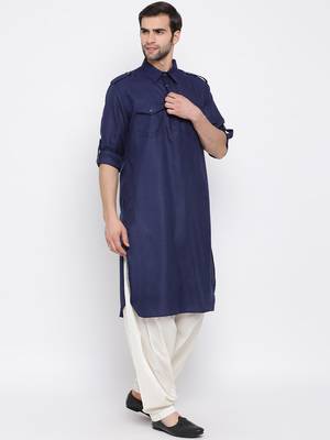 Blue plain blended cotton pathani-suits 2
