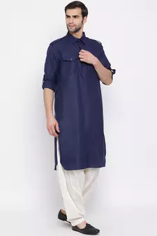 Blue plain blended cotton pathani-suits