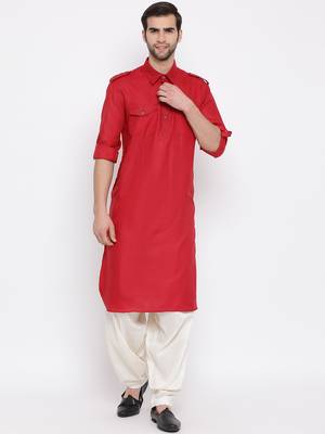 Maroon plain blended cotton pathani-suits 1