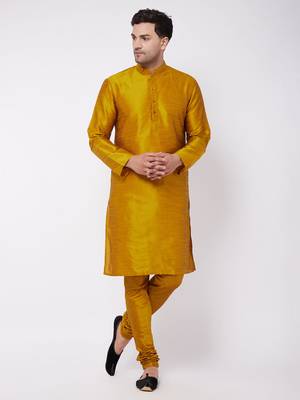Yellow Plain Silk Blend Kurta-Pajama 1
