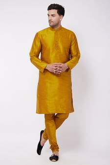Yellow Plain Silk Blend Kurta-Pajama