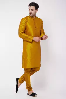 Yellow Plain Silk Blend Kurta-Pajama