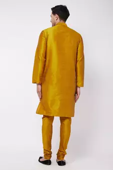 Yellow Plain Silk Blend Kurta-Pajama