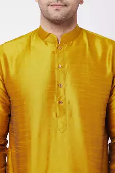 Yellow Plain Silk Blend Kurta-Pajama