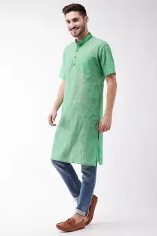 Green Plain Cotton Men-Kurtas