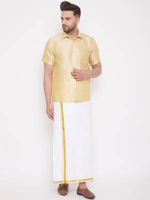 Gold plain silk blend dhoti-kurta 1