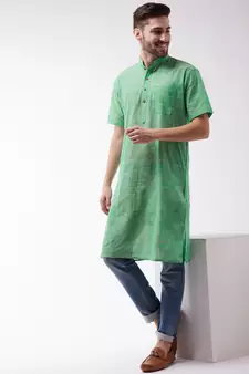 Green Plain Cotton Men-Kurtas
