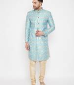 Men'S Aqua And Gold Silk Blend Sherwani Set