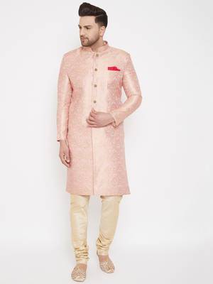 Pink And Gold Silk Blend Sherwani Set 1