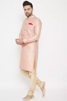 Pink And Gold Silk Blend Sherwani Set