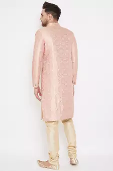 Pink And Gold Silk Blend Sherwani Set