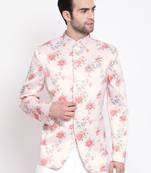 Peach Floral Printed Silk Blend Jodhpuri Top for Mens - Stitched