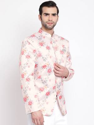 Peach Floral Printed Silk Blend Jodhpuri Top for Mens - Stitched 2