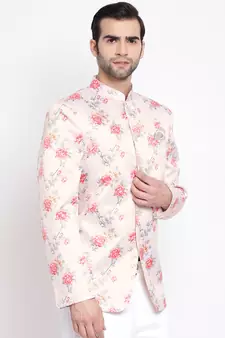 Peach Floral Printed Silk Blend Jodhpuri Top for Mens - Stitched