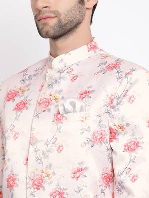 Peach Floral Printed Silk Blend Jodhpuri Top for Mens - Stitched 3