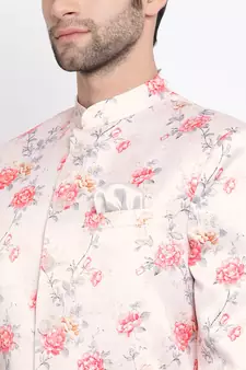 Peach Floral Printed Silk Blend Jodhpuri Top for Mens - Stitched