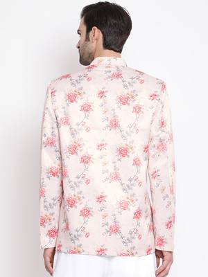Peach Floral Printed Silk Blend Jodhpuri Top for Mens - Stitched 4