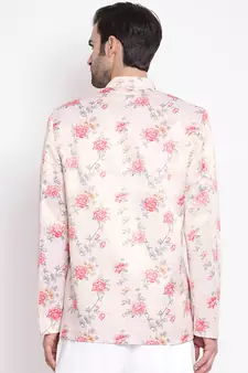 Peach Floral Printed Silk Blend Jodhpuri Top for Mens - Stitched