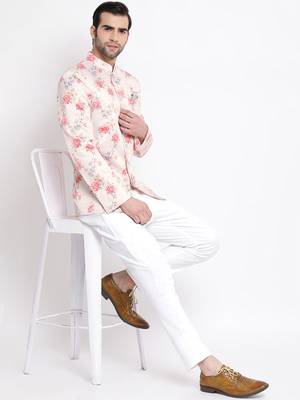 Peach Floral Printed Silk Blend Jodhpuri Top for Mens - Stitched 5