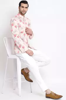 Peach Floral Printed Silk Blend Jodhpuri Top for Mens - Stitched