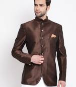 Brown Plain Silk Blend Jodhpuri-Sherwani
