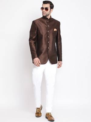 Brown Plain Silk Blend Jodhpuri-Sherwani 5