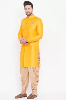 Yellow Plain Silk Blend Sherwani