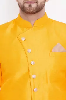 Yellow Plain Silk Blend Sherwani