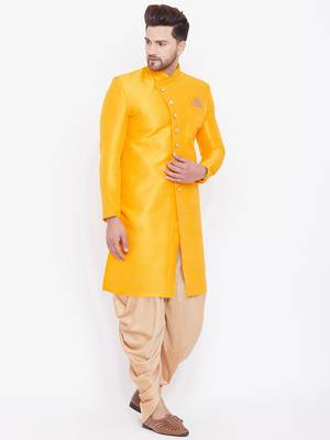 Yellow Plain Silk Blend Sherwani Only Kurta 5