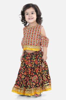 Kalamkari Print Cold Shoulder Lehenga Choli- Black