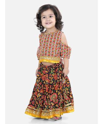 Kalamkari Print Cold Shoulder Lehenga Choli- Black 1