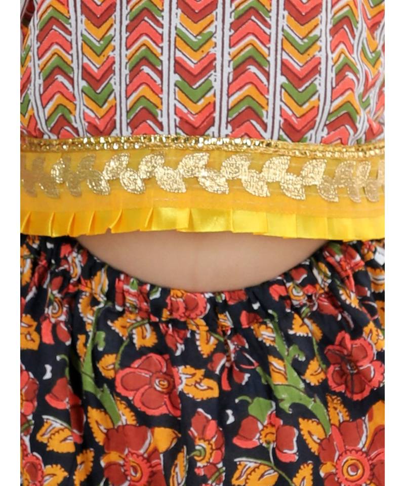 Kalamkari Print Cold Shoulder Lehenga Choli- Black