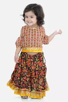 Kalamkari Print Cold Shoulder Lehenga Choli- Black