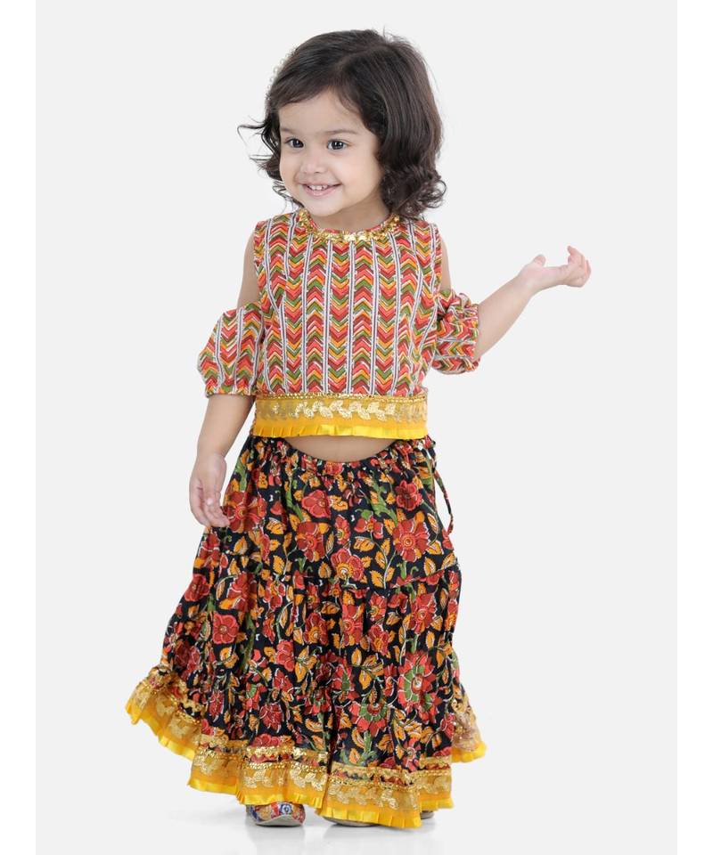 Kalamkari Print Cold Shoulder Lehenga Choli- Black