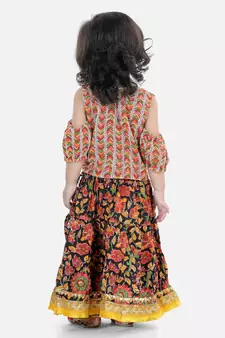 Kalamkari Print Cold Shoulder Lehenga Choli- Black