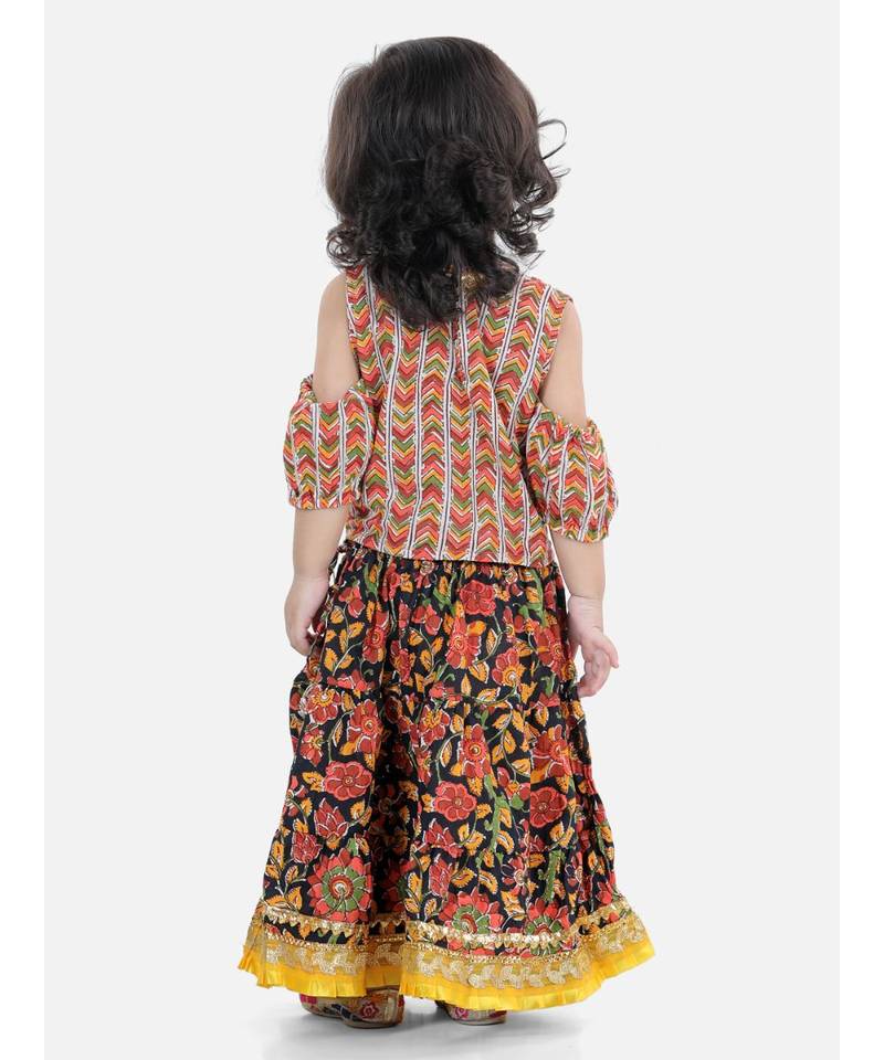 Kalamkari Print Cold Shoulder Lehenga Choli- Black