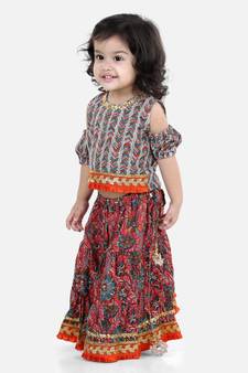 Kalamkari Print Cold Shoulder Lehenga Choli- Red