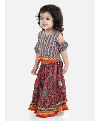 Kalamkari Print Cold Shoulder Lehenga Choli- Red 1