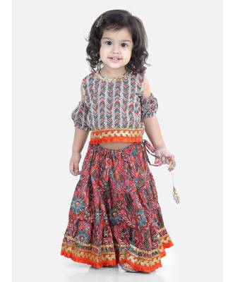 Kalamkari Print Cold Shoulder Lehenga Choli- Red 2