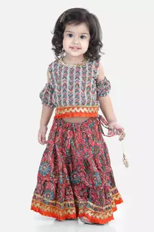 Kalamkari Print Cold Shoulder Lehenga Choli- Red