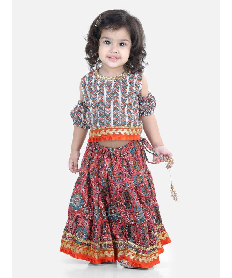 Kalamkari Print Cold Shoulder Lehenga Choli- Red