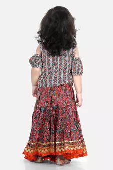 Kalamkari Print Cold Shoulder Lehenga Choli- Red