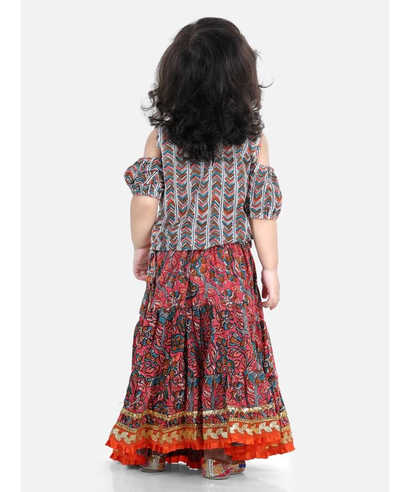 Kalamkari Print Cold Shoulder Lehenga Choli- Red